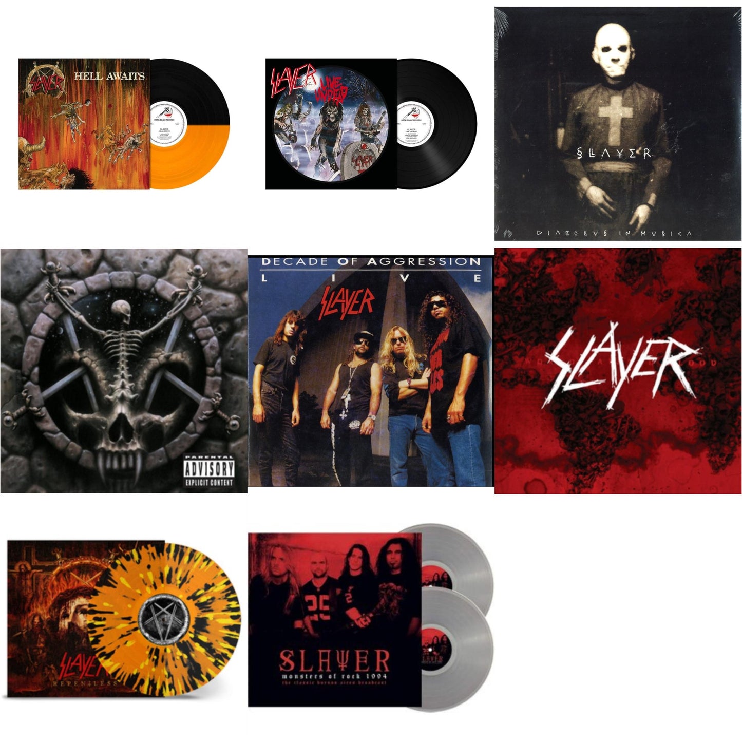 This is a 8 LP Vinyl SKU bundle.
1.This LP Vinyl is brand new.Format: LP VinylMusic Style: ThrashThis item's title is: Hell Awaits (Transparent Orange & Black Split LP Vinyl)Artist: SlayerLabel: Metal Blade RecordsBarcode: 039841578614Release Date: 10/22/2021
2.