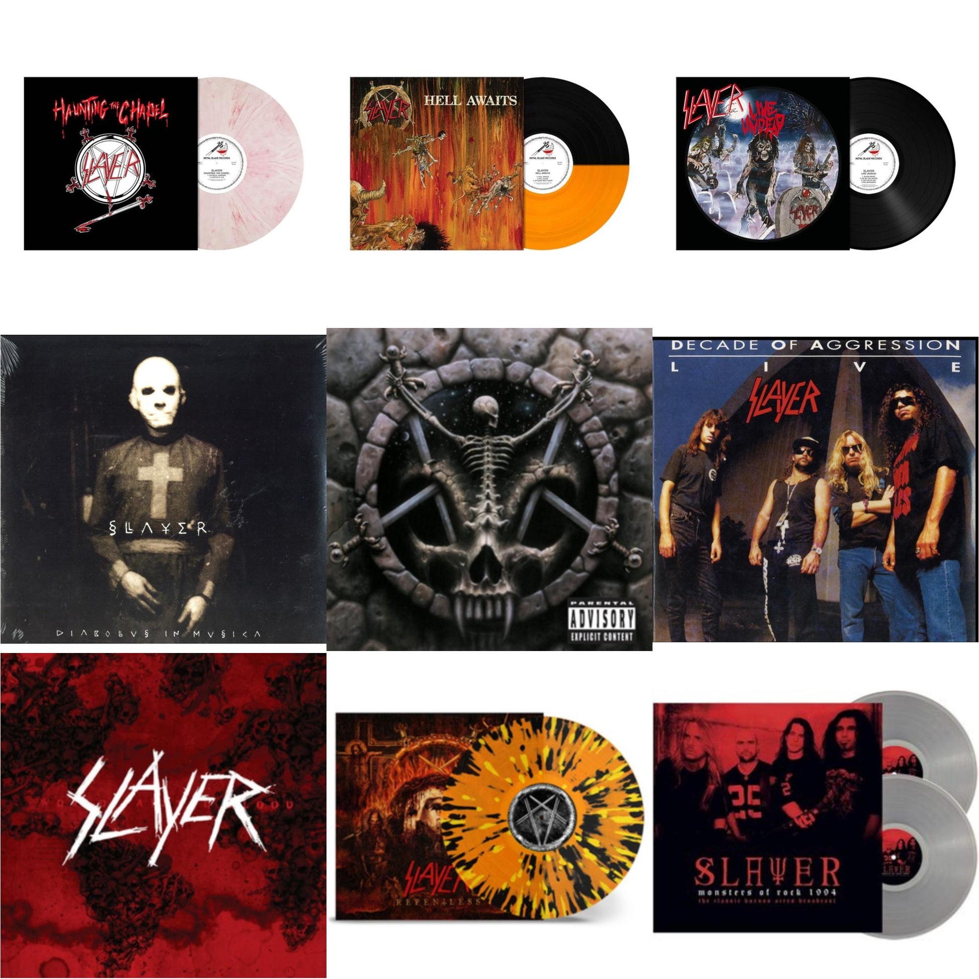 This is a 9 LP Vinyl SKU bundle.
1.This LP Vinyl is brand new.Format: LP VinylMusic Style: ThrashThis item's title is: Haunting The Chapel (Red & White Marbled LP Vinyl)Artist: SlayerLabel: METAL BLADE RECORDSBarcode: 039841578461Release Date: 10/22/2021
2.This LP Vinyl is brand new.