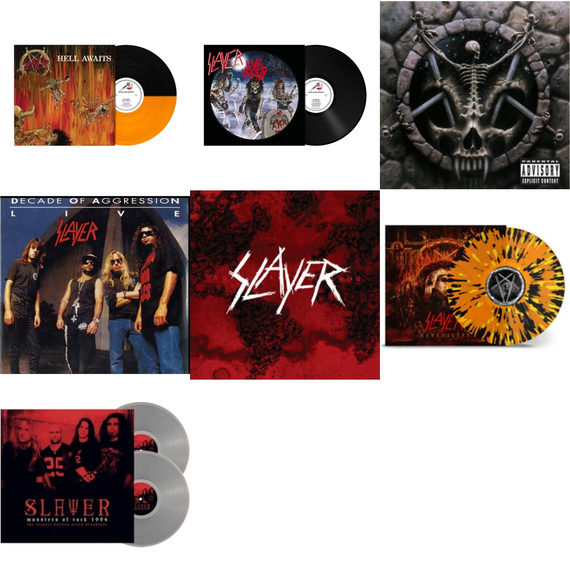 This is a 7 LP Vinyl SKU bundle.
1.This LP Vinyl is brand new.Format: LP VinylMusic Style: ThrashThis item's title is: Hell Awaits (Transparent Orange & Black Split LP Vinyl)Artist: SlayerLabel: Metal Blade RecordsBarcode: 039841578614Release Date: 10/22/2021
2.