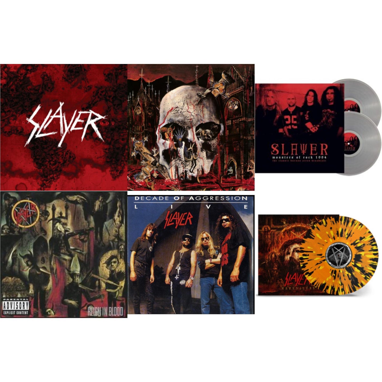 This is a 6 LP Vinyl SKU bundle.
1.This LP Vinyl is brand new.Format: LP VinylMusic Style: ThrashThis item's title is: Live: Decade Of AggressionArtist: SlayerBarcode: 602537467815Release Date: 12/24/2013
2.This LP Vinyl is brand new.