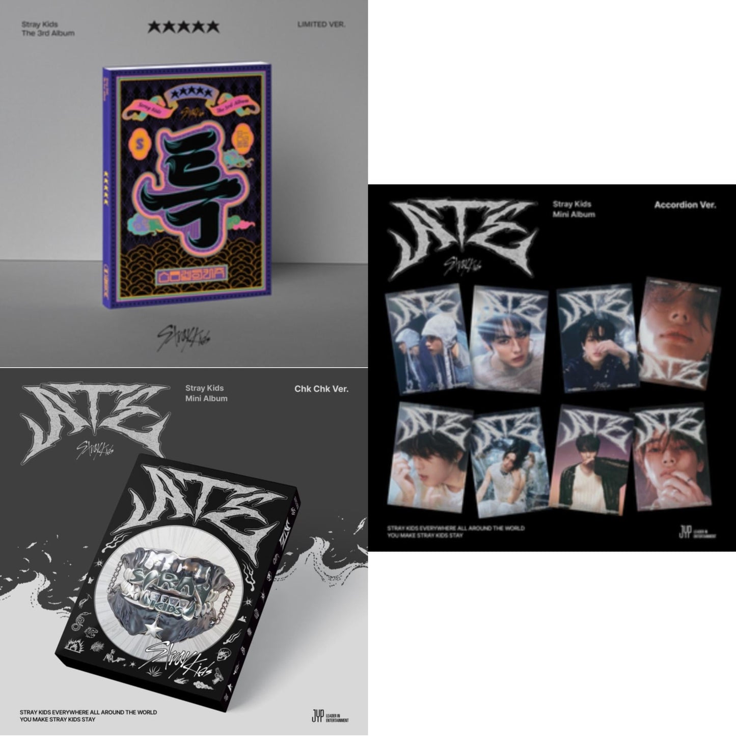 This is a 3 CD SKU bundle.
1.This CD is brand new.Format: CDThis item's title is: 5-Star (Limited Ver.)Artist: Stray KidsBarcode: 196922331695Release Date: 6/2/2023
2.This CD is brand new.Format: CDThis item's title is: Ate (Chk Chk Ver.