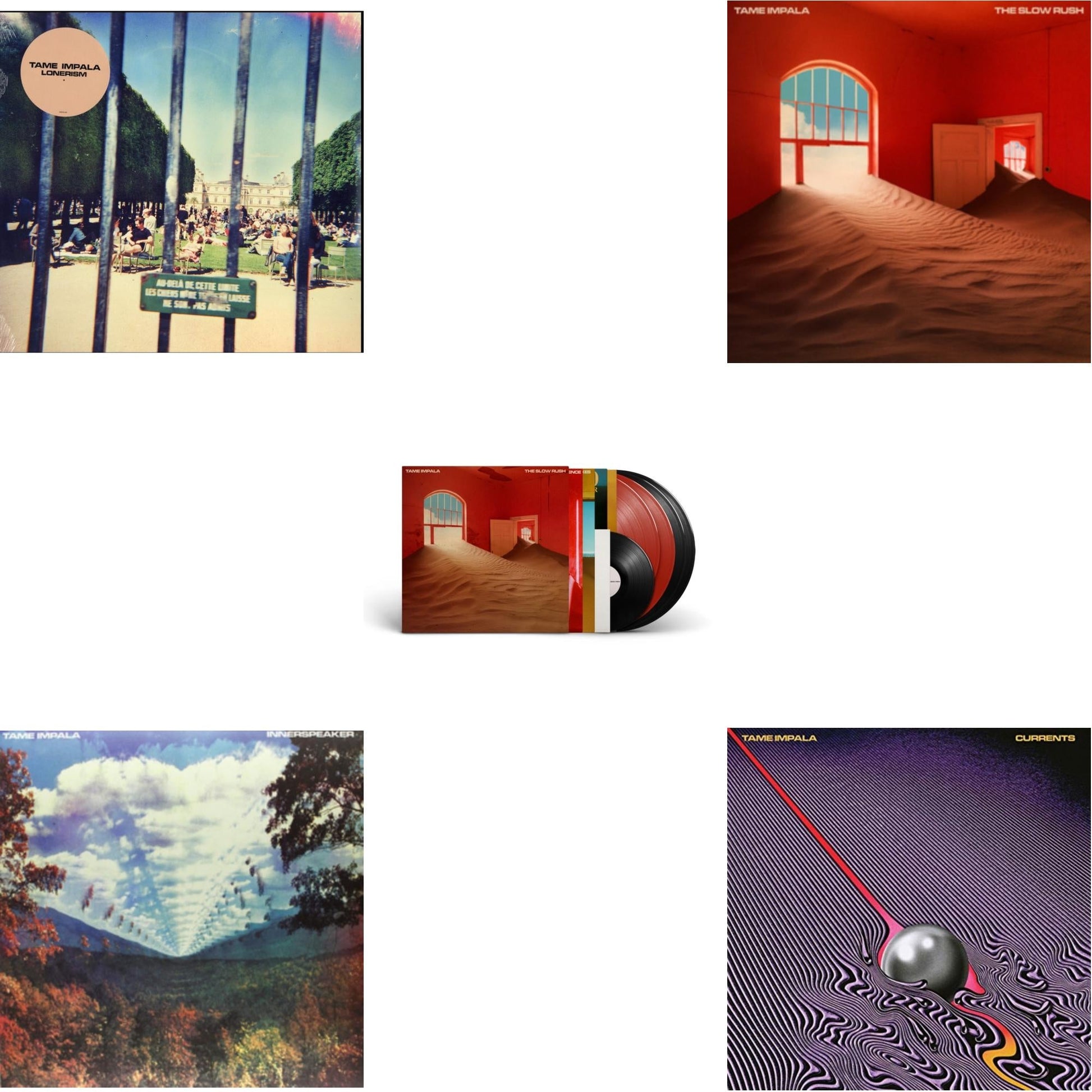 This is a 5 LP Vinyl SKU bundle.
1.This LP Vinyl is brand new.Format: LP VinylMusic Style: Psychedelic RockThis item's title is: Slow Rush (Deluxe/2-Transparent Red LP Vinyl/3-Black LP Vinyl)Artist: Tame ImpalaLabel: INTERSCOPEBarcode: 602438539871Release Date: 4/22/2022
2.