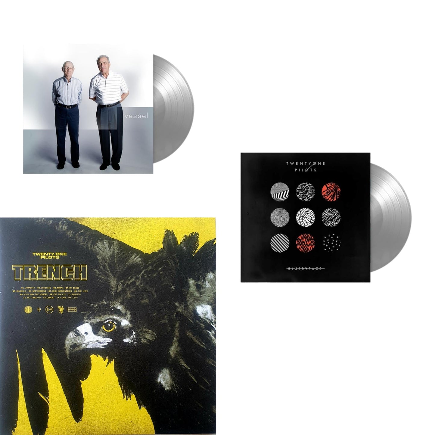 This is a 3 LP Vinyl SKU bundle.
1.This LP Vinyl is brand new.Format: LP VinylMusic Style: Synth-popThis item's title is: Vessel (Fbr 25Th Anniversary/Silver LP Vinyl)Artist: Twenty One PilotsLabel: FUELED BY RAMENBarcode: 075678645686Release Date: 1/14/2022
2.