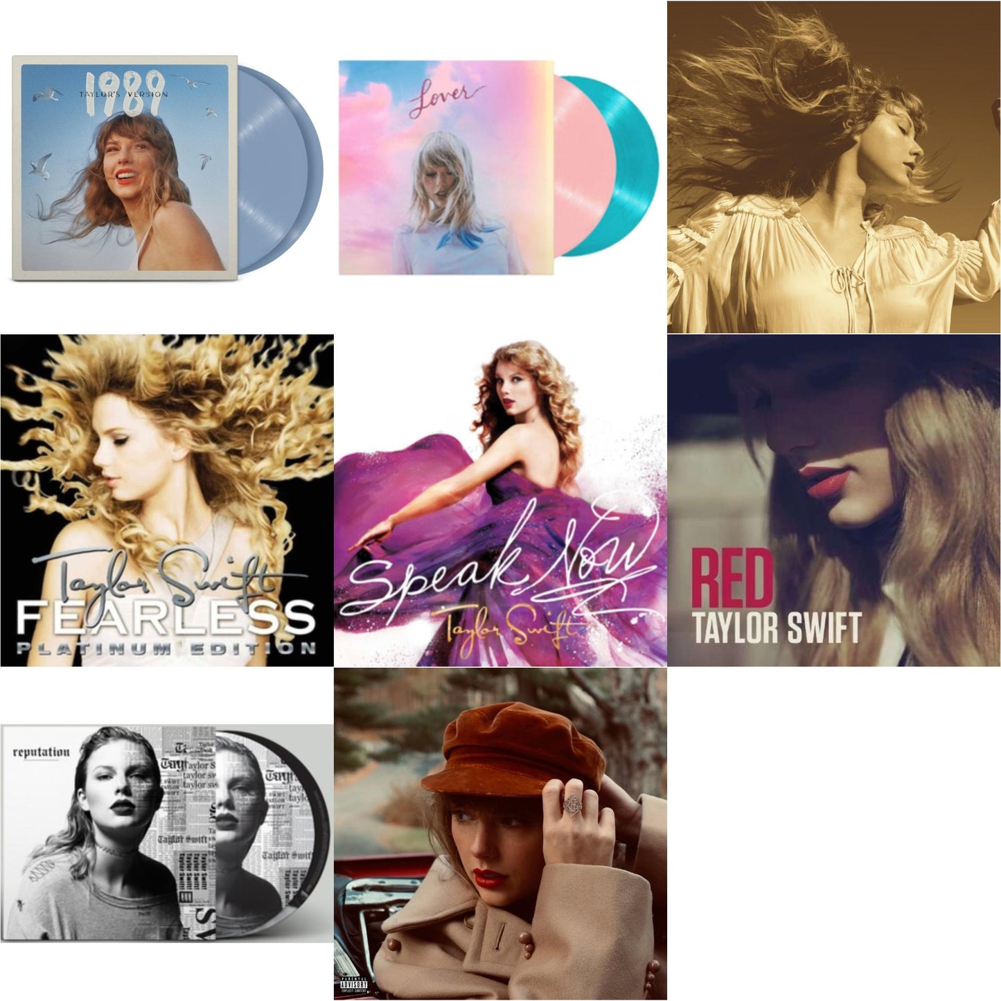 This is a 8 LP Vinyl SKU bundle.
1.This LP Vinyl is brand new.Format: LP VinylMusic Style: CountryThis item's title is: Fearless (Taylor's Version) (Gold Vinyl/3LP)Artist: Taylor SwiftLabel: Republic RecordsBarcode: 602435845104Release Date: 10/1/2021
2.This LP Vinyl is brand new.