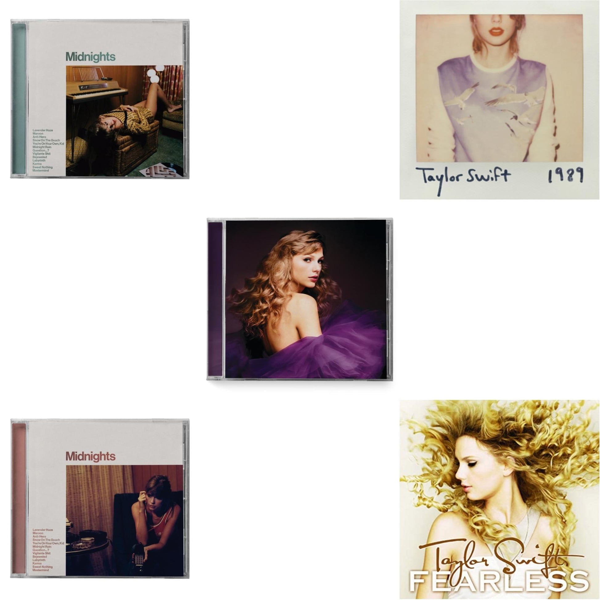 This is a 5 CD SKU bundle.
1.This CD is brand new.Format: CDMusic Style: Synth-popThis item's title is: Midnights (X) (Jade Green CD)Artist: Taylor SwiftLabel: REPUBLICBarcode: 602445790104Release Date: 10/21/2022
2.This CD is brand new.