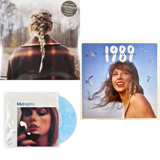 Taylor Swift - Evermore (Translucent Green Vinyl/2LP) & Midnights (X) (Moonstone Blue LP Vinyl) & 1989 (Taylor's Version) (2LP/Crystal Skies Blue Vinyl)