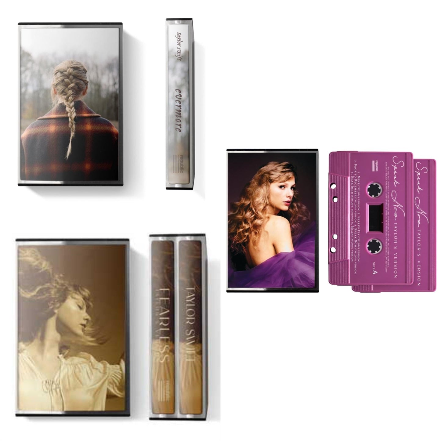 Evermore (X) (Grey Shell Cassette) & Fearless (Taylor's Version) (Double Cassette) & Speak Now (Taylor's Version) (Orchid Marbled Cassette/2-Cassette)