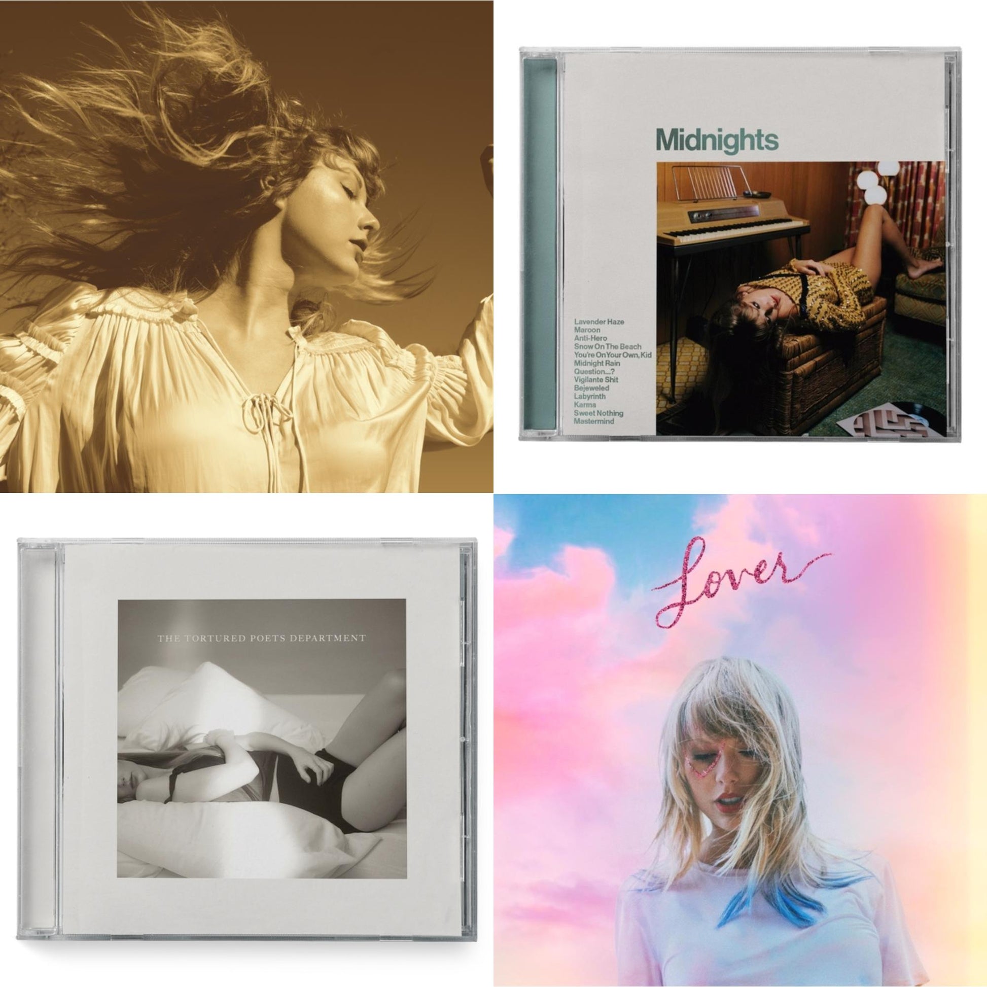 This is a 4 CD SKU bundle.
1.This CD is brand new.Format: CDMusic Style: Rock & RollThis item's title is: Fearless (Taylor's Version) (2CD)Artist: Taylor SwiftBarcode: 602435845098Release Date: 4/9/2021
2.This CD is brand new.