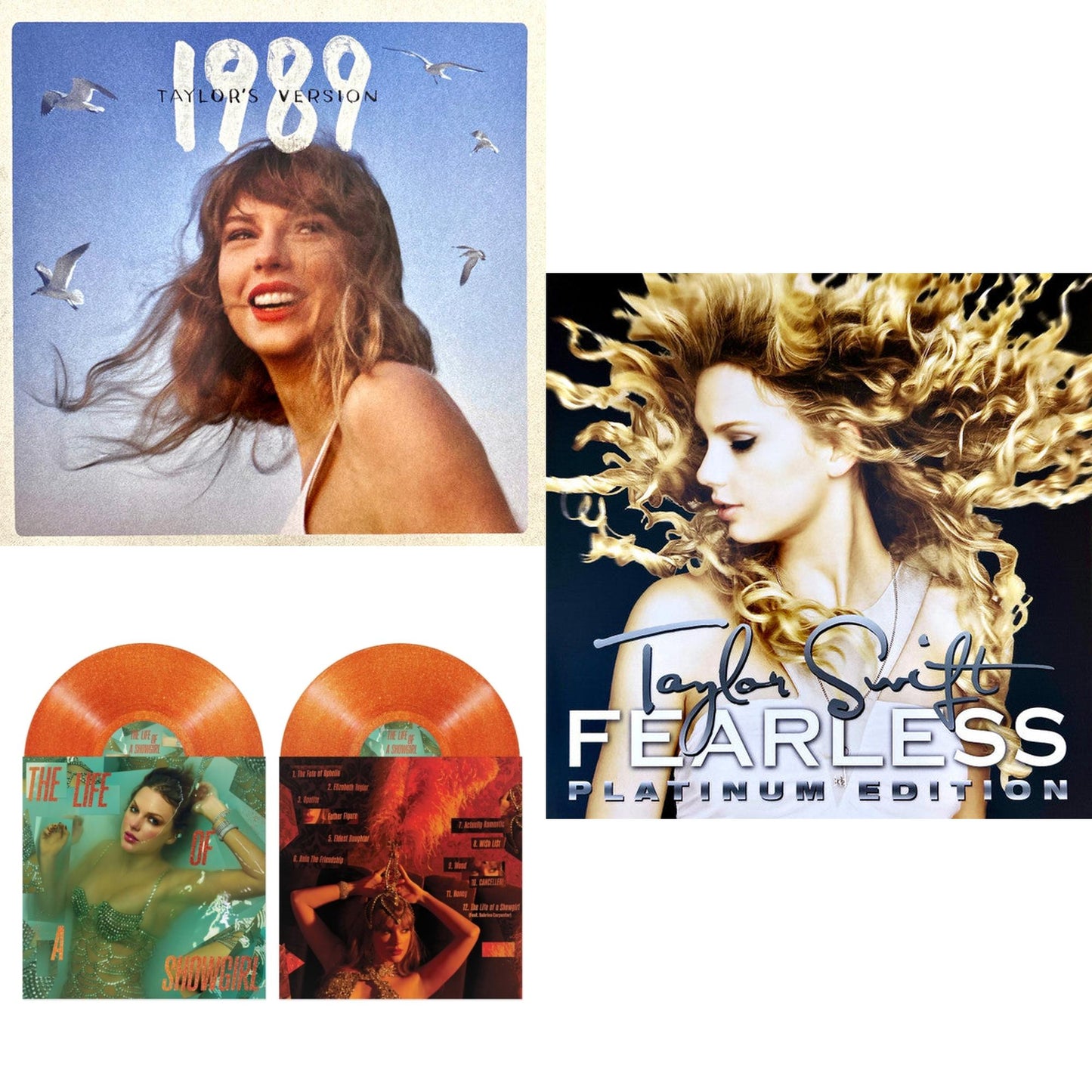 1989 (Taylor's Version) (2LP/Crystal Skies Blue Vinyl) & Life Of A Showgirl (X) (Sweat & Vanilla Perfume Portofino Orange Glitter LP Vinyl) & Fearless Platinum Edition