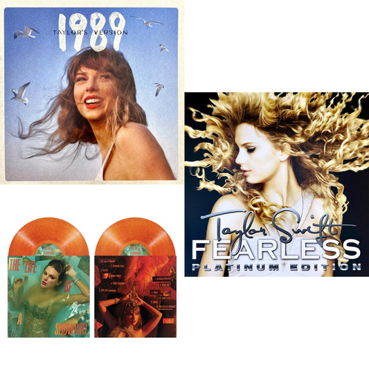 1989 (Taylor's Version) (2LP/Crystal Skies Blue Vinyl) & Life Of A Showgirl (X) (Sweat & Vanilla Perfume Portofino Orange Glitter LP Vinyl) & Fearless Platinum Edition