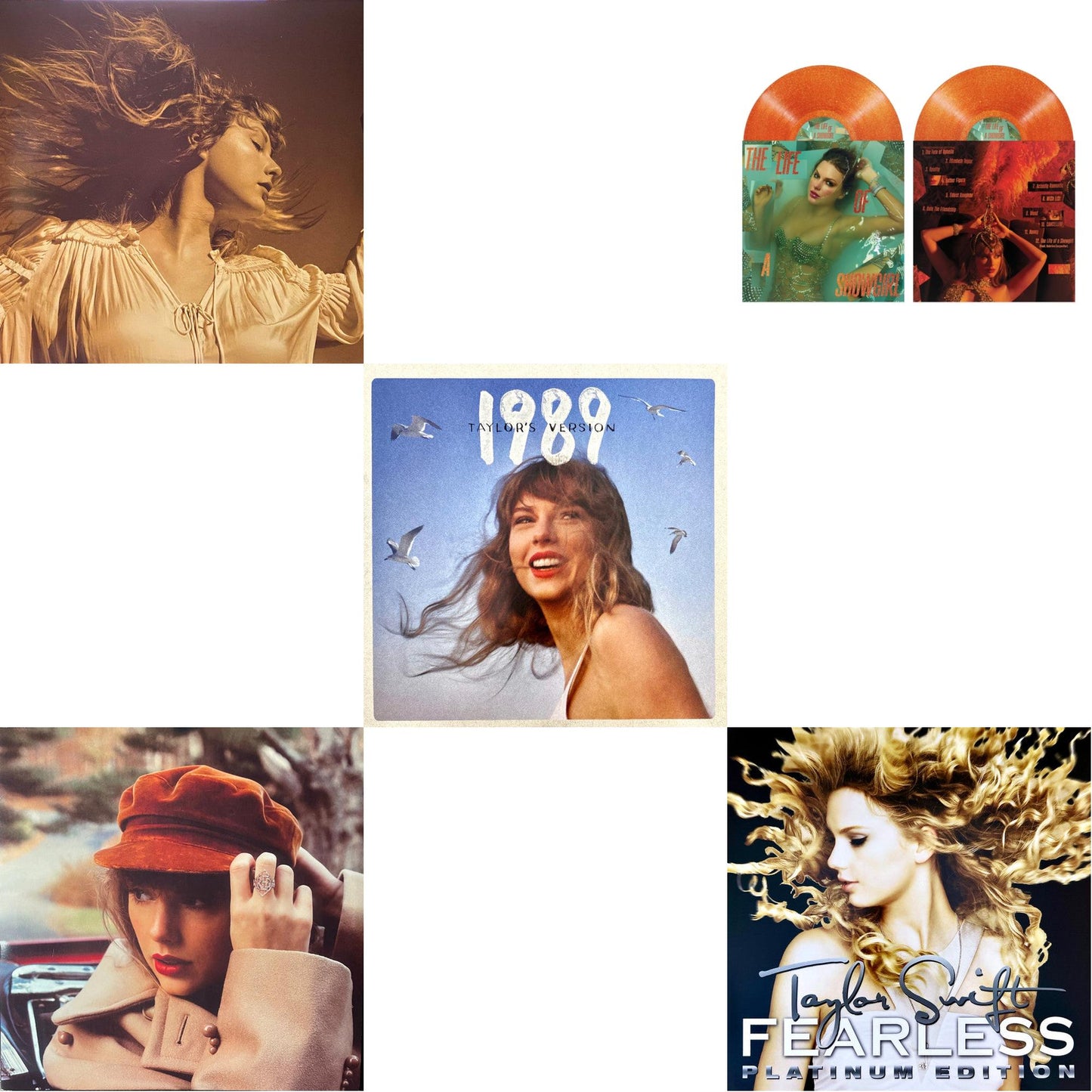 Fearless (Taylor's Version) (Gold Vinyl/3LP) & Red (Taylor's Version) (4LP) & 1989 (Taylor's Version) (2LP/Crystal Skies Blue Vinyl) & Life Of A Showgirl (X) (Sweat & Vanilla Perfume Portofino Orange Glitter LP Vinyl) & Fearless Platinum Edition