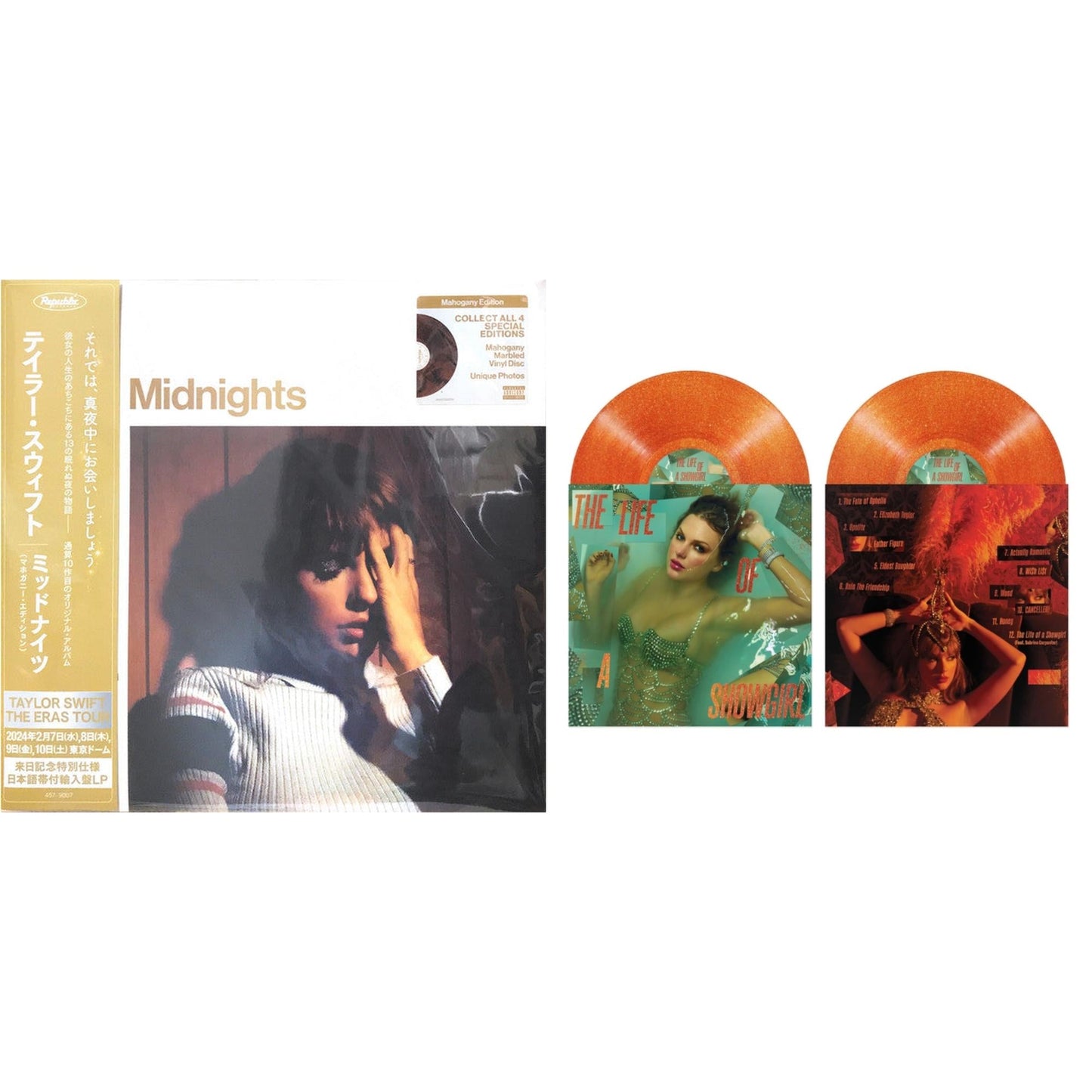 Midnights (X) (Mahogany Color LP Vinyl) & Life Of A Showgirl (X) (Sweat & Vanilla Perfume Portofino Orange Glitter LP Vinyl)