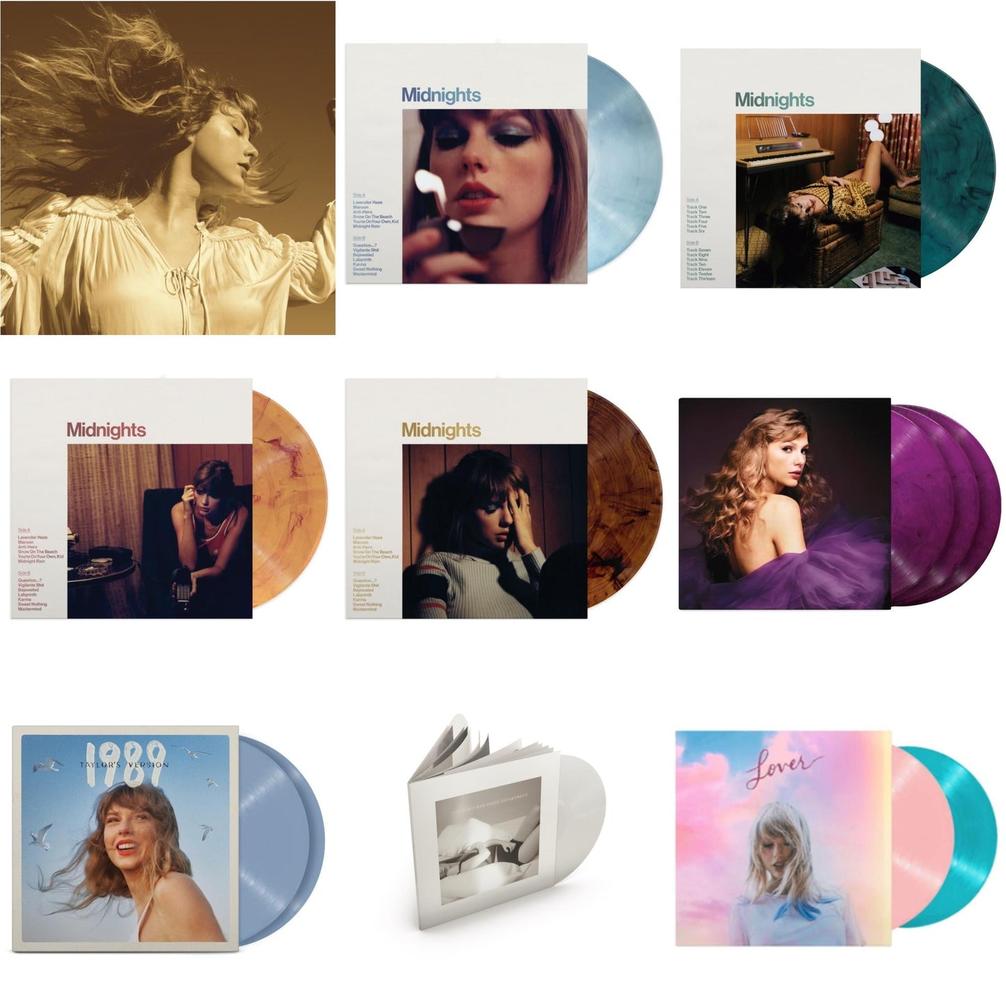 Taylor Swift - Fearless (Taylor's Version) (Gold Vinyl/3LP) & Midnights (X) (Moonstone Blue LP Vinyl) & Midnights (X) (Jade Green LP Vinyl) & Midnights (X) (Blood Moon LP Vinyl) & Midnights (X) (Mahogany Color LP Vinyl) & Speak Now (Taylor's Version)