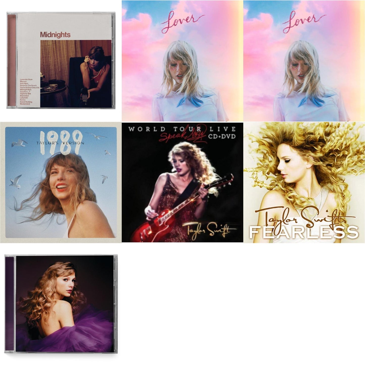 This is a 7 CD SKU bundle.
1.This CD is brand new.Format: CDMusic Style: Synth-popThis item's title is: Midnights (X) (Blood Moon CD)Artist: Taylor SwiftLabel: REPUBLICBarcode: 602445790111Release Date: 10/21/2022
2.This CD is brand new.