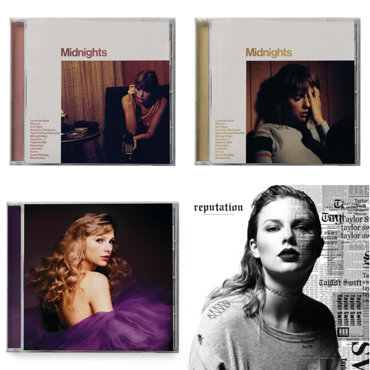 This is a 4 CD SKU bundle.
1.This CD is brand new.Format: CDMusic Style: Synth-popThis item's title is: Midnights (X) (Blood Moon CD)Artist: Taylor SwiftLabel: REPUBLICBarcode: 602445790111Release Date: 10/21/2022
2.This CD is brand new.