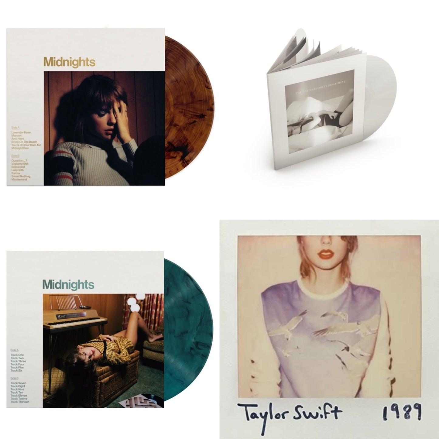 This is a 4 LP Vinyl SKU bundle.
1.This LP Vinyl is brand new.Format: LP VinylMusic Style: Synth-popThis item's title is: Midnights (X) (Mahogany Color LP Vinyl)Artist: Taylor SwiftLabel: REPUBLICBarcode: 602445790074Release Date: 10/21/2022
2.This LP Vinyl is brand new.