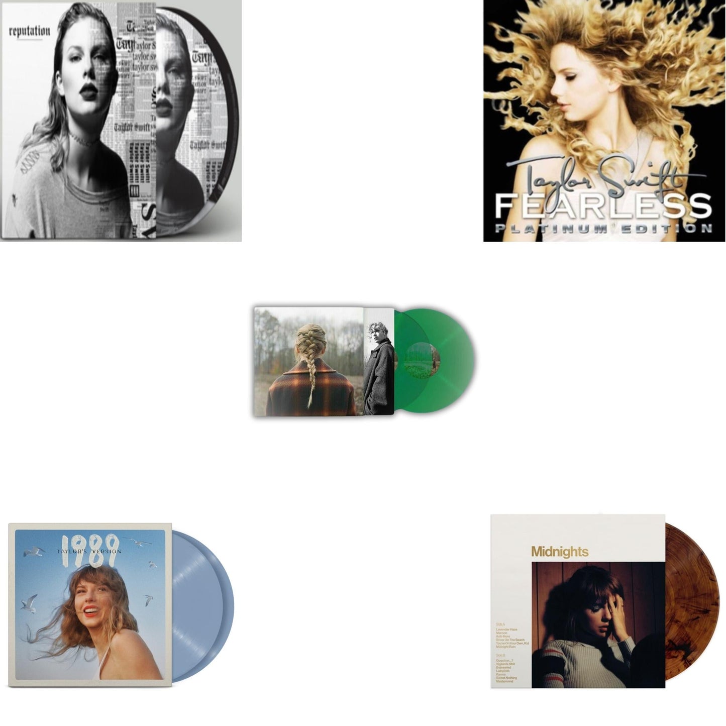 This is a 5 LP Vinyl SKU bundle.
1.This LP Vinyl is brand new.Format: LP VinylMusic Style: Alternative RockThis item's title is: Evermore (Green Vinyl/2LP)Artist: Taylor SwiftLabel: Republic RecordsBarcode: 602435651279Release Date: 5/28/2021
2.This LP Vinyl is brand new.