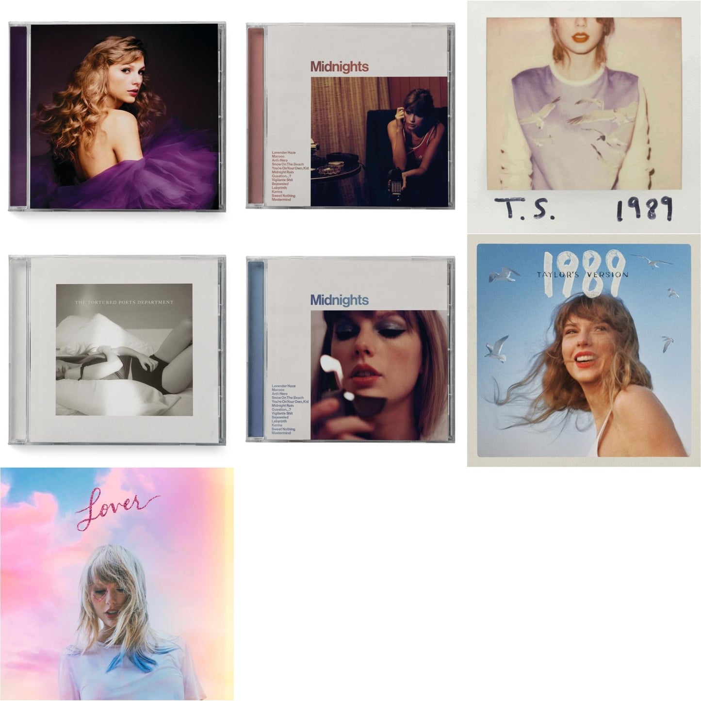 Midnights (X) (Moonstone Blue CD) & Midnights (X) (Blood Moon CD) & Speak Now (Taylor's Version) (2CD) & 1989 (Taylor's Version) & Tortured Poets Department (X) (Manuscript- Bonus Track) & Lover (Deluxe) (Version 2) & 1989