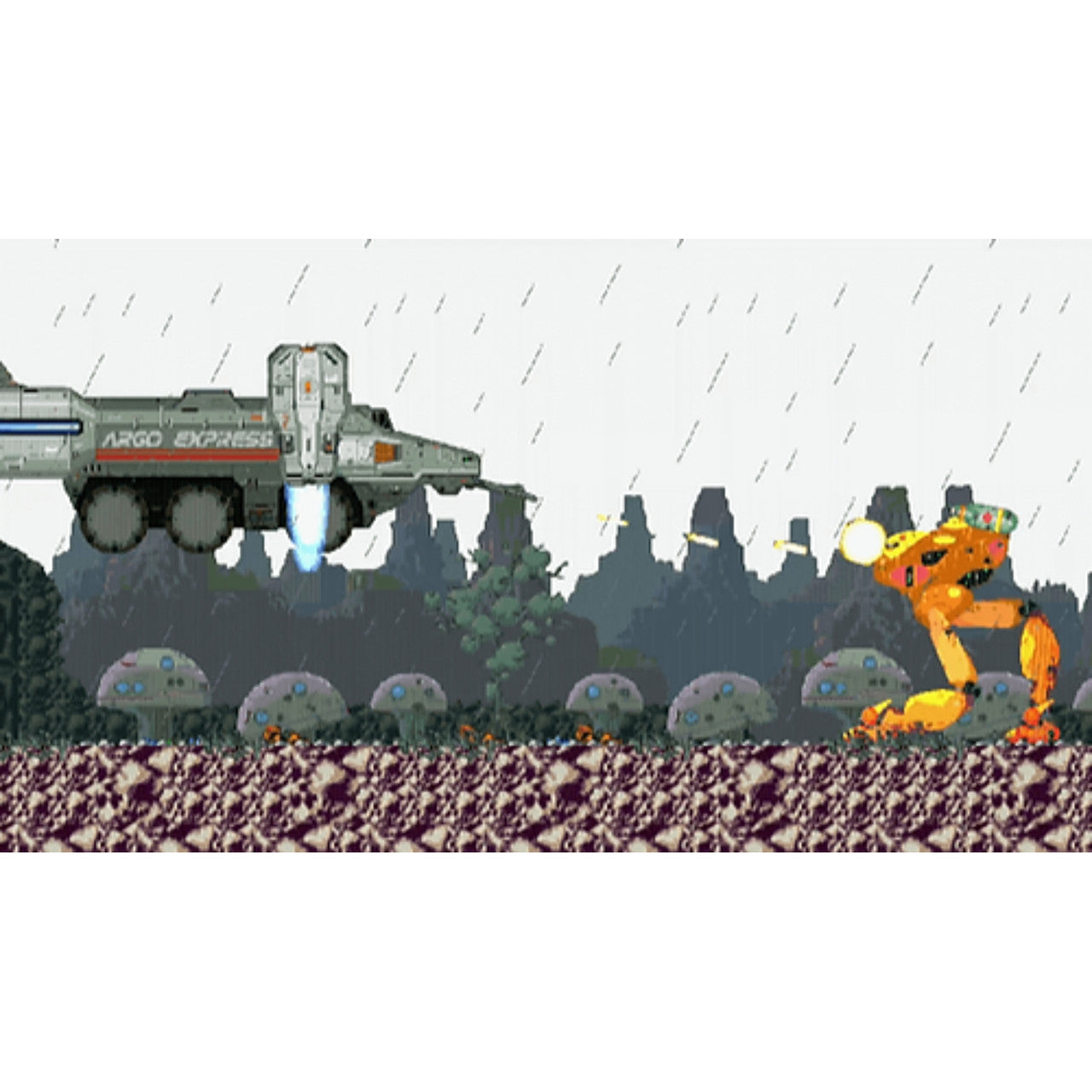 This is brand new.Fly through the sky! Rain down fire on the enemy forces from above!
Use your rocket musket and 8 different types of weapons to boost through the sky, charge enemies, and leap over pit falls as you investigate a new mysterious enemy.