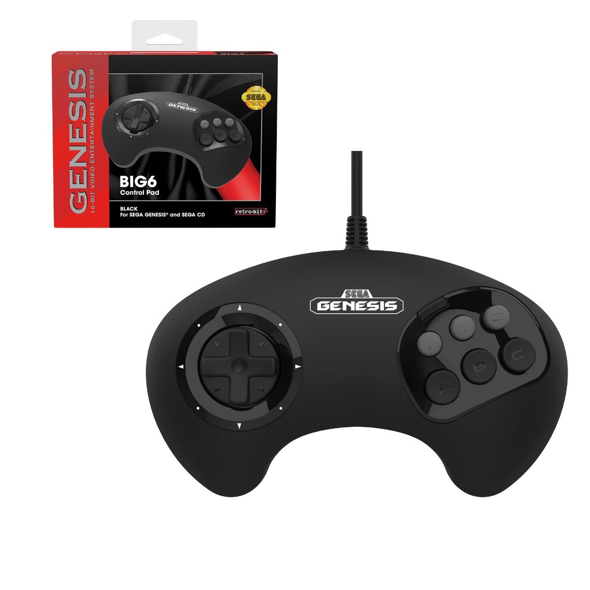 SEGA Genesis Wired BIG6 Control Pad - Original Port: Black - Retro-Bit