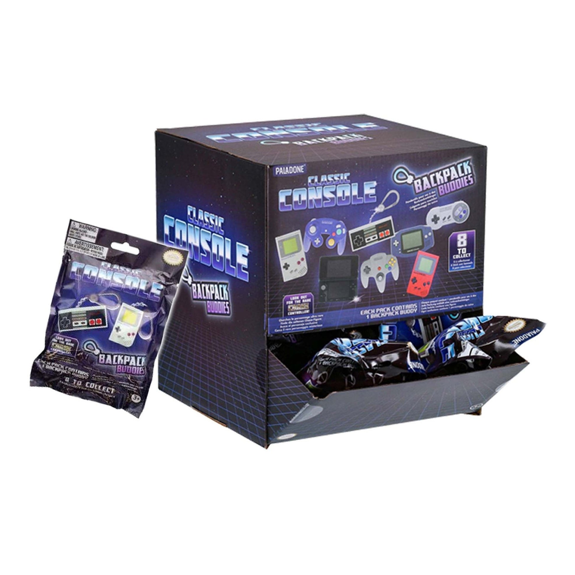 This is brand new.Celebrate gaming history with the Classic Console Backpack Buddies! Each blind bag includes one of eight retro-style mini keychains featuring legendary handhelds and controllers from the golden age of gaming.